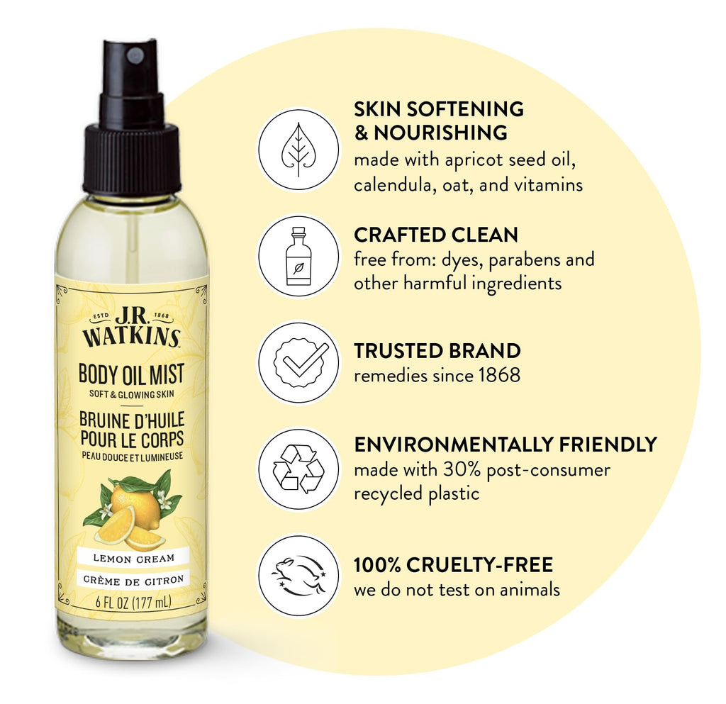 J.R. Watkins Naturally Hydrating Body Oil Mist, Lemon Cream, 6 fl oz, 2 Pack