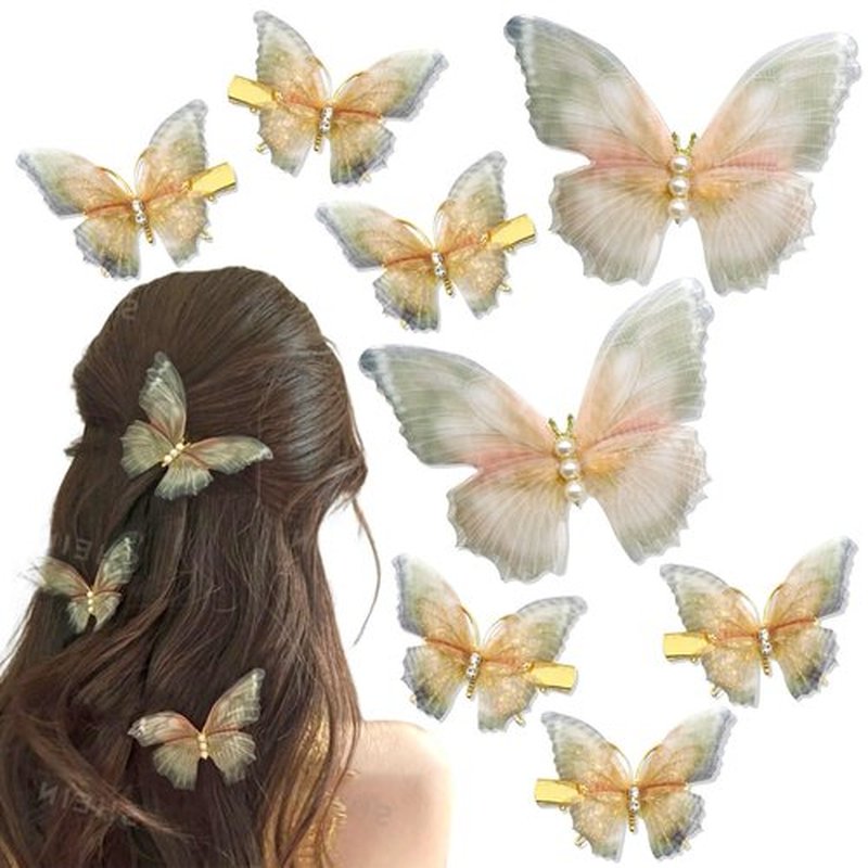 SAWINDA 8Pcs Tulle Rhinestone Butterfly Hair Clips Moving Wings Butterflies Hair Barrettes for Girls Y2K Glitter Hairpins Cute Butterfly Claw Clips Fairy Accessories for Women Thick Thin Hair