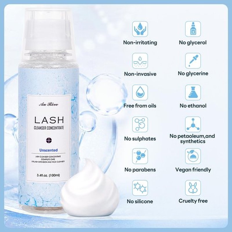 AuReve Lash Shampoo Concentrate 100ml Lash Extension Cleanser Oil-Free Eyelash Extension Shampoo with Salon Home Care -Makes 20 Bottles 60ml Lash Shampoo,Unscented