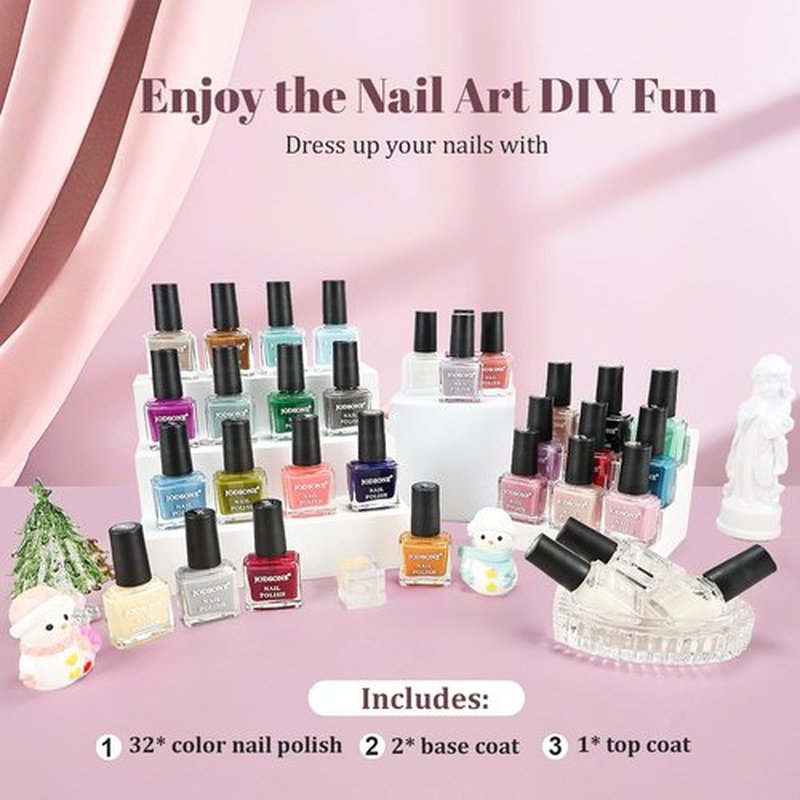 JODSONE 32 Colors Quick Dry Nail Polish Set 0.17 fl.oz,Valentines Nail Polish Set with 1 Top Coat & 2 Base Coat,Totaling 35Pcs,Air Dry & Long Lasting Nail Art DIY Home Manicure Gift for Women