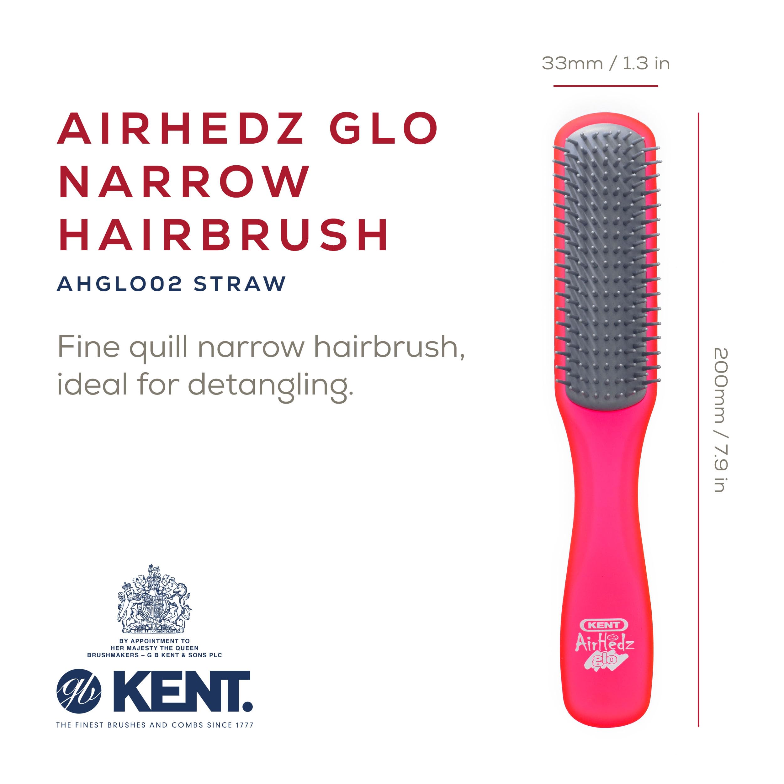 Kent AHGLO02 Airhedz Glo Red Half Round Narrow Detangling Hair Brush - 9 Row Ionic Anti Static Non Scratch Long Nylon Bristle Great for Detangling and Smoothing Medium to Long Length Hair