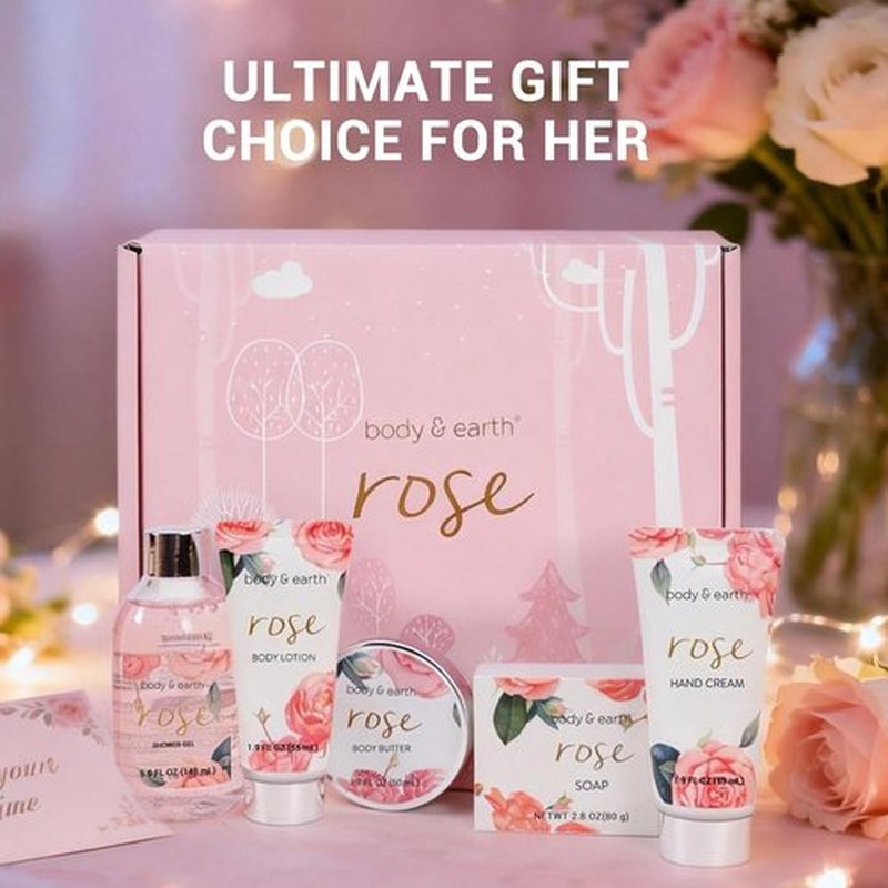BODY & EARTH Spa Gift Set for Women - Luxurious 5 Pcs Bath and Body Box, Rose Scent, Includes Body Wash, Body Butter, Body Lotion and More, Birthday Mothers Day Gifts for Mom Self Care Kit for Her