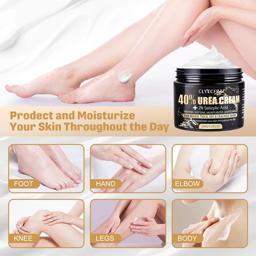 Clyecfra 40% Urea Cream with 2% Salicylic Acid, Urea Cream 40 Percent for Feet & Hands- Maximum Strength Moisturizer for Rough, Dry, Thick & Cracked Skin, Callus Remover, Deep Hydration, 150g