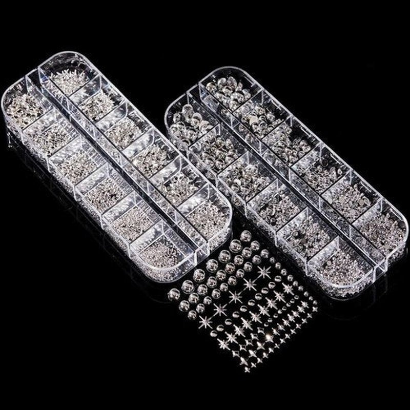 KACHIMOO Silver Nail Charms and Gems,Pink Nail Art Charms 4 Boxes Nail Gems Nail Pearls 3D Butterfly Cherry Heart Star Bow Flower Dollar Cross Nail Rhinestones,3D Nail Art Charms for Nails Design