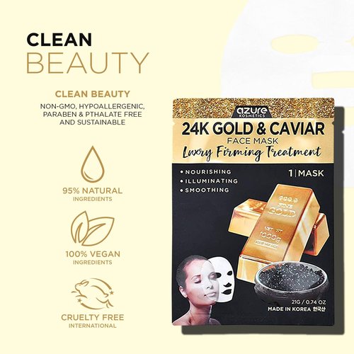 AZURE 24K Gold and Caviar Anti Aging Luxury Face Mask - Hydrating & Firming Facial Mask - Helps Reduce Wrinkles & Fine Lines with Hyaluronic Acid & Collagen - Skin Care Made in Korea - Pack of 10