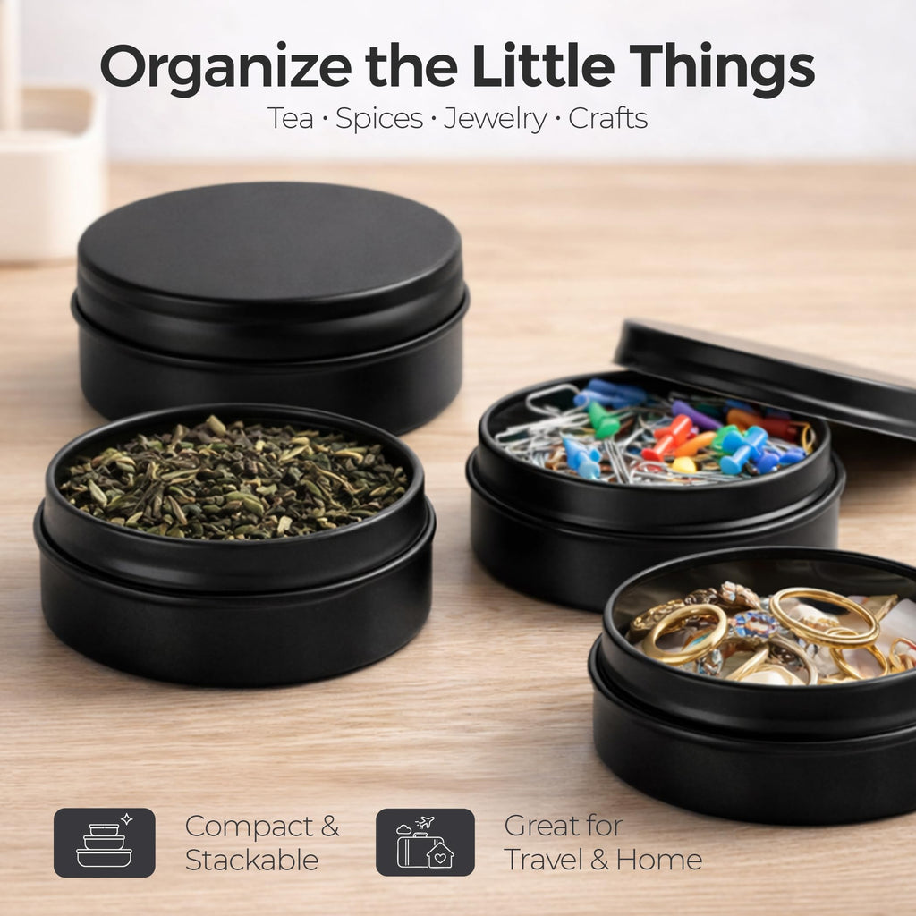 TYNZZ 3 Pcs, Metal Tin Round Container, Mini Portable Small Storage Container Kit with Twist Lid for Home Storage 2.5x1 Inch, Black