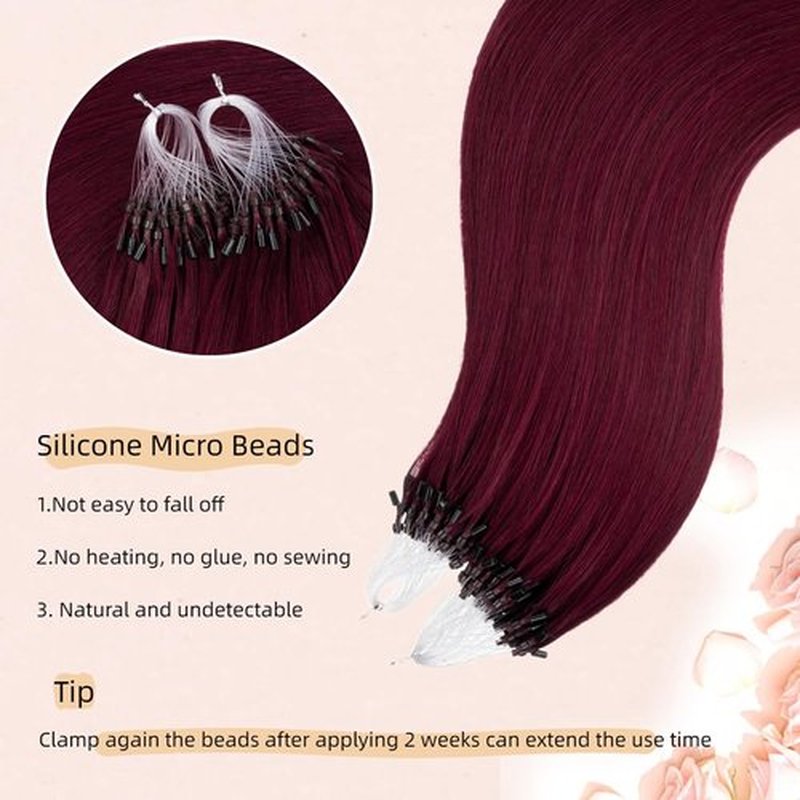 Senmy Micro Bead Hair Extensions Real Human Hair 24inch Long Burgundy MicroLoop Extensions Human Hair 1g/strand 50g Invisible Microlink Hair Extensions Human Hair