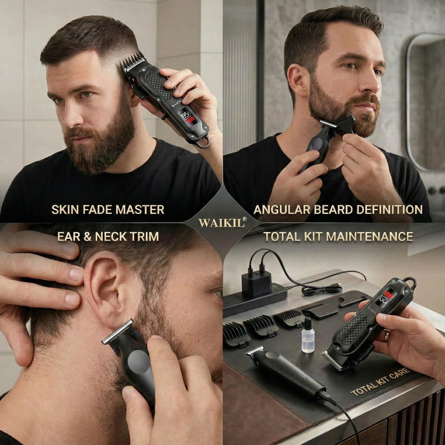 WAIKIL Professional Hair Clippers for Men with T-Blade Trimmer, Cordless Barber Clippers Set, Rechargeable Grooming Kit with Guards, Beard Trimmer, Line Up & Fading Tools