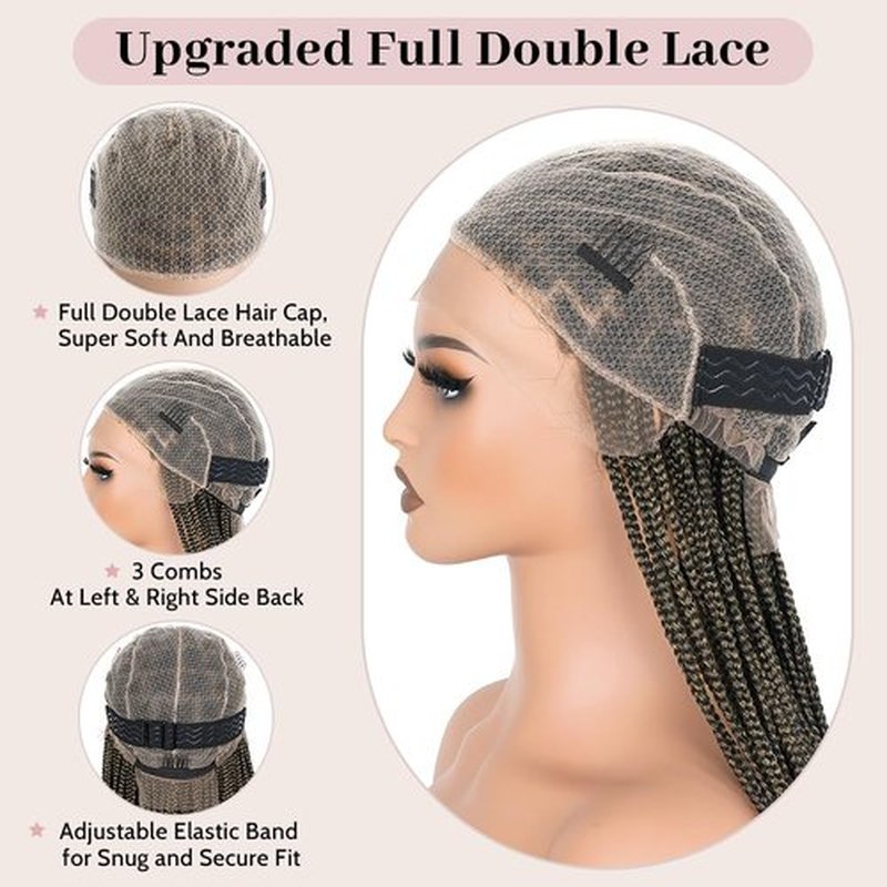 Suntefic Braided Wig for Black Women Human Hair Blended Glueless Full Double Breathable Lace Front Braids Wig with Baby Hair Lightweight Handmade African American Braided Wigs (Ombre Blonde, 32 Inch)