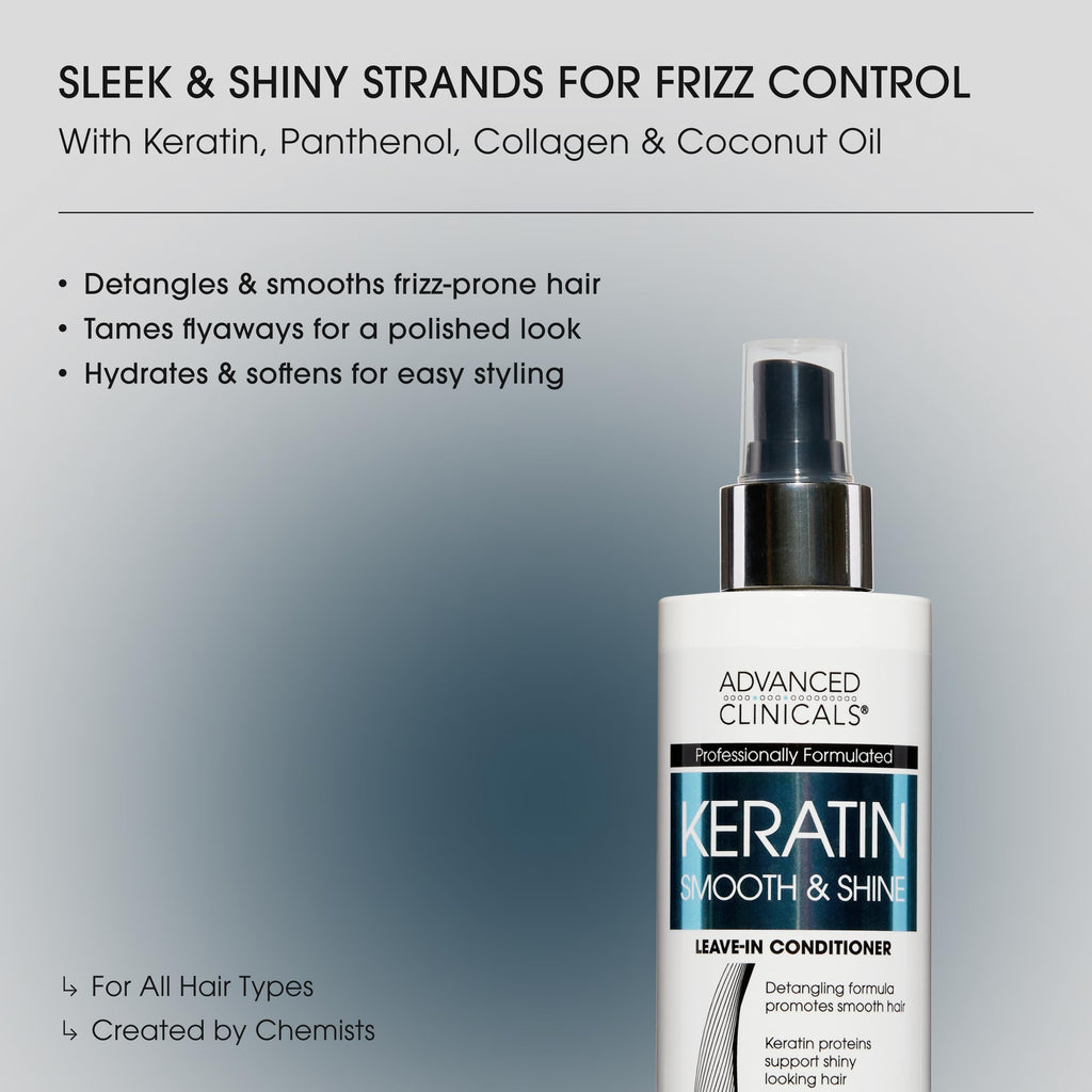 Advanced Clinicals Keratin Detangler Spray. Detangling Hair Spray for Strong, Shiny Hair. Lightweight, Leave-in Conditioner with Amino Acids, Vitamin B5, Olive Oil Softens and Nourishes Hair, 8 Fl Oz