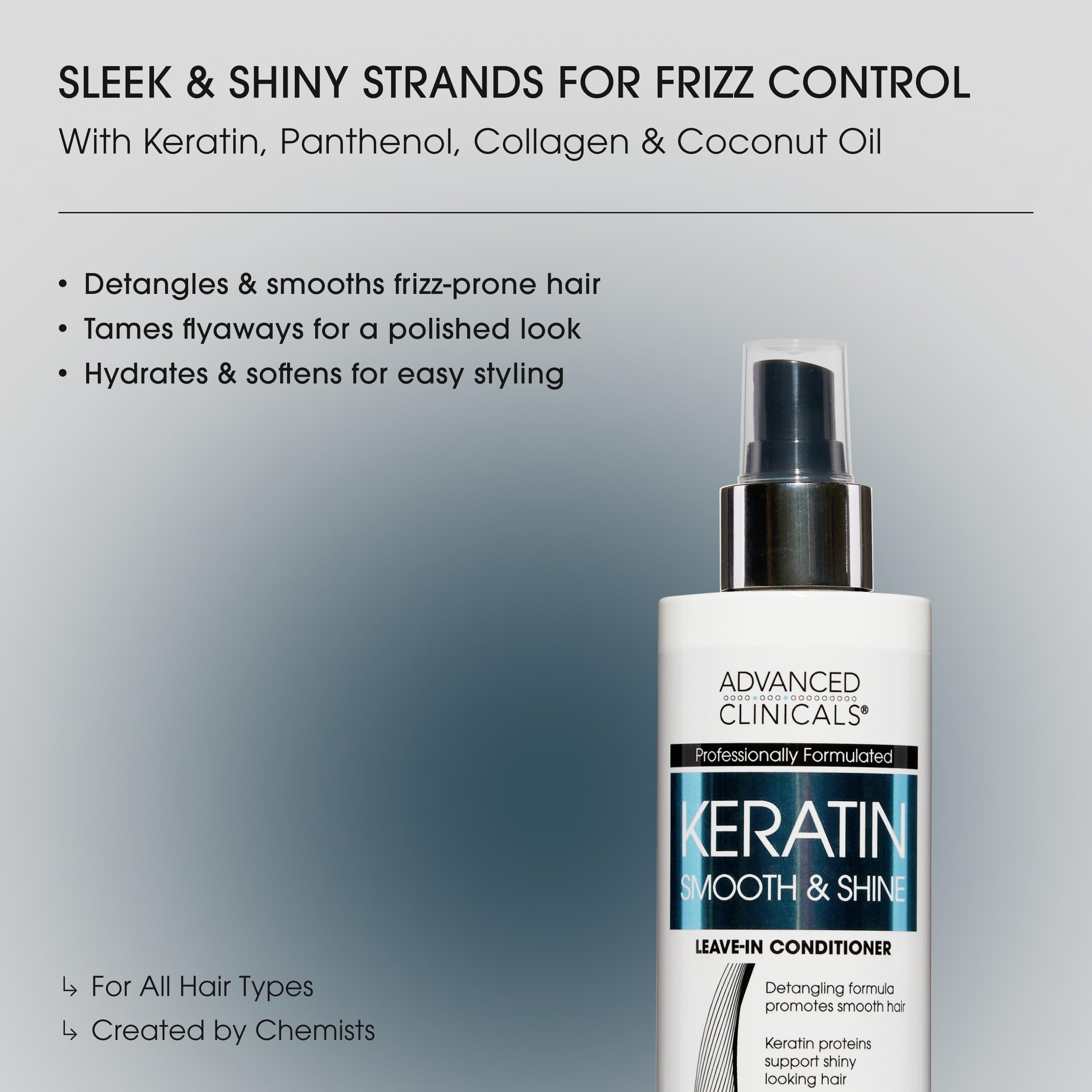 Advanced Clinicals Keratin Detangler Spray. Detangling Hair Spray for Strong, Shiny Hair. Lightweight, Leave-in Conditioner with Amino Acids, Vitamin B5, Olive Oil Softens and Nourishes Hair, 8 Fl Oz