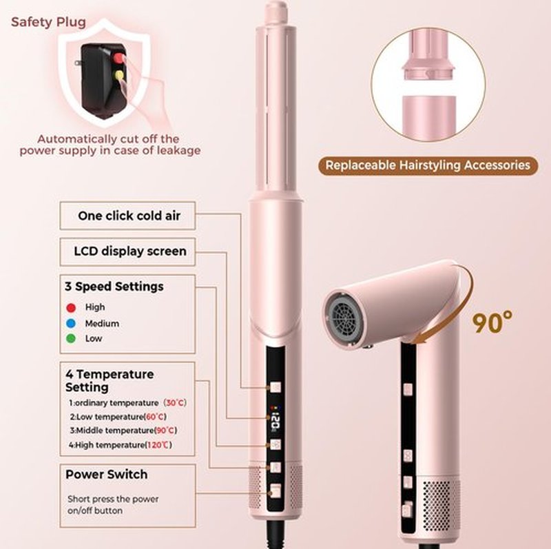 Atopskins 8-in-1 Hair Dryer Brush & Hot Air Styler, 110,000 RPM Blow Dryer Brush Foldable LCD Display, 4 Heat Settings Auto Curler Fast Drying Curling Straightening for Salon & Travel (Pink)