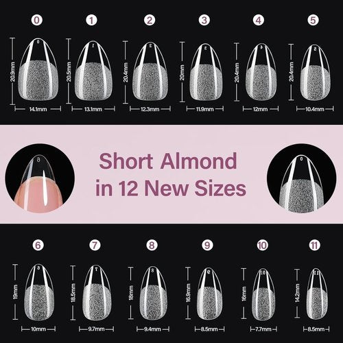 Misssix Short Almond Gel Nail Tips, 216Pcs Pre Etched Clear Fake Nails, Full Cover Soft Acrylic False Nail Glue and Nail Glue Remover for Women 12 Sizes