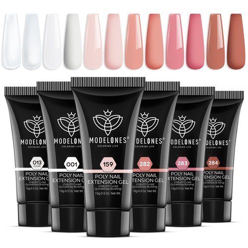 modelones Poly Nail Gel Set, 6 Colors Nude Pink Brown Daily Collection Poly Extension Gel Set Builder Manicure DIY Design Nail Art Home Salon Beauty Gift