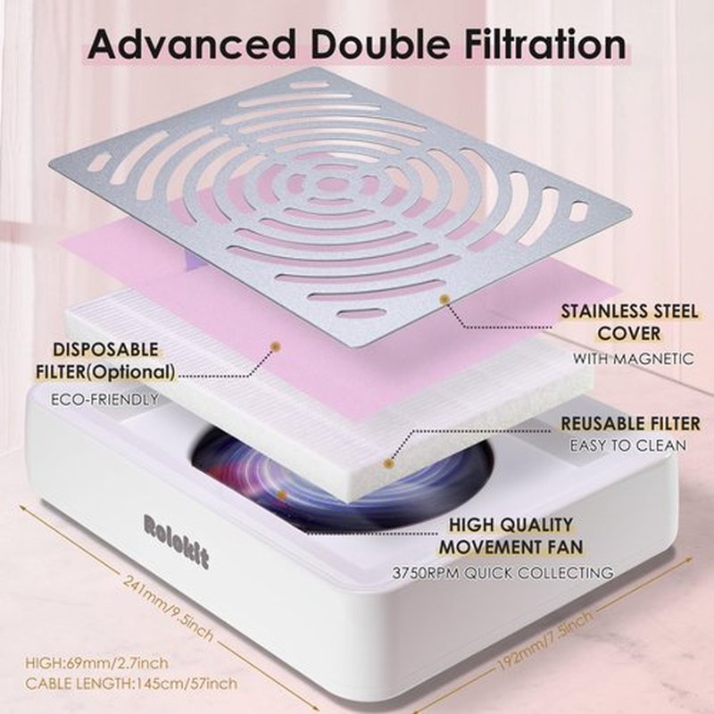 Rolokit Nail Dust Collector with Lamp&50pcs Disposable Filter&Dusting Brush, Electric Nail Vacuum Cleaner Dust Fan Suction Machine for Manicure Acrylic Gel Nails Polishing, Low Noise,Salon Home