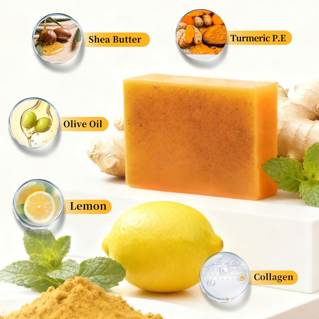 DOXOLATO Lemon Turmeric Soap Bars for Face Body - Gentle Exfoliating Turmeric Soap Bar Improve Skin Texture Moisturizing, 3 Bars