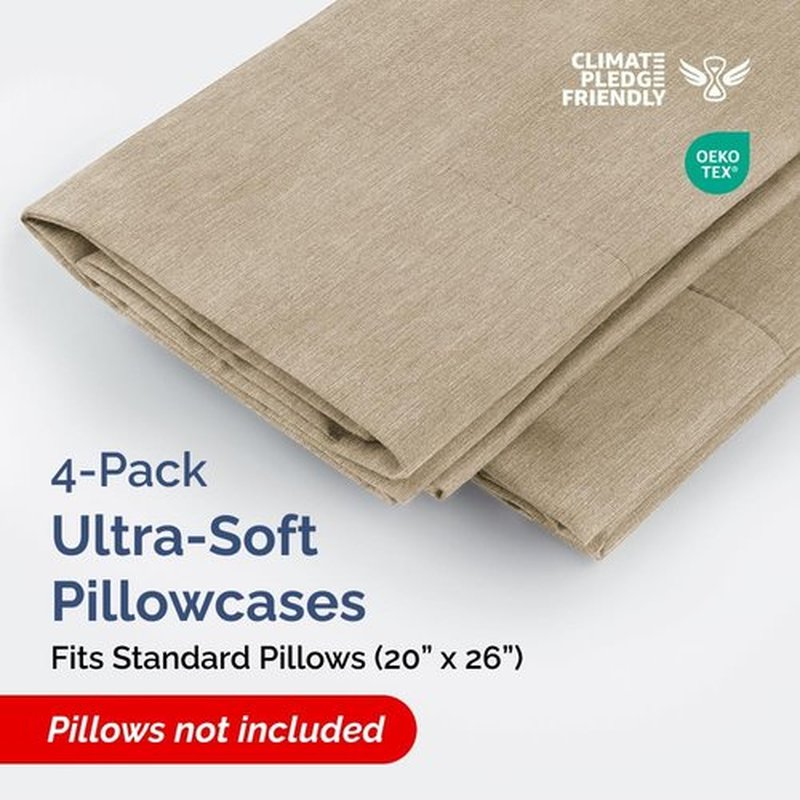 Skiennix Standard Pillow Cases Set of 4 - Soft Hotel Quality Covers - Machine Washable - Heathered Beige