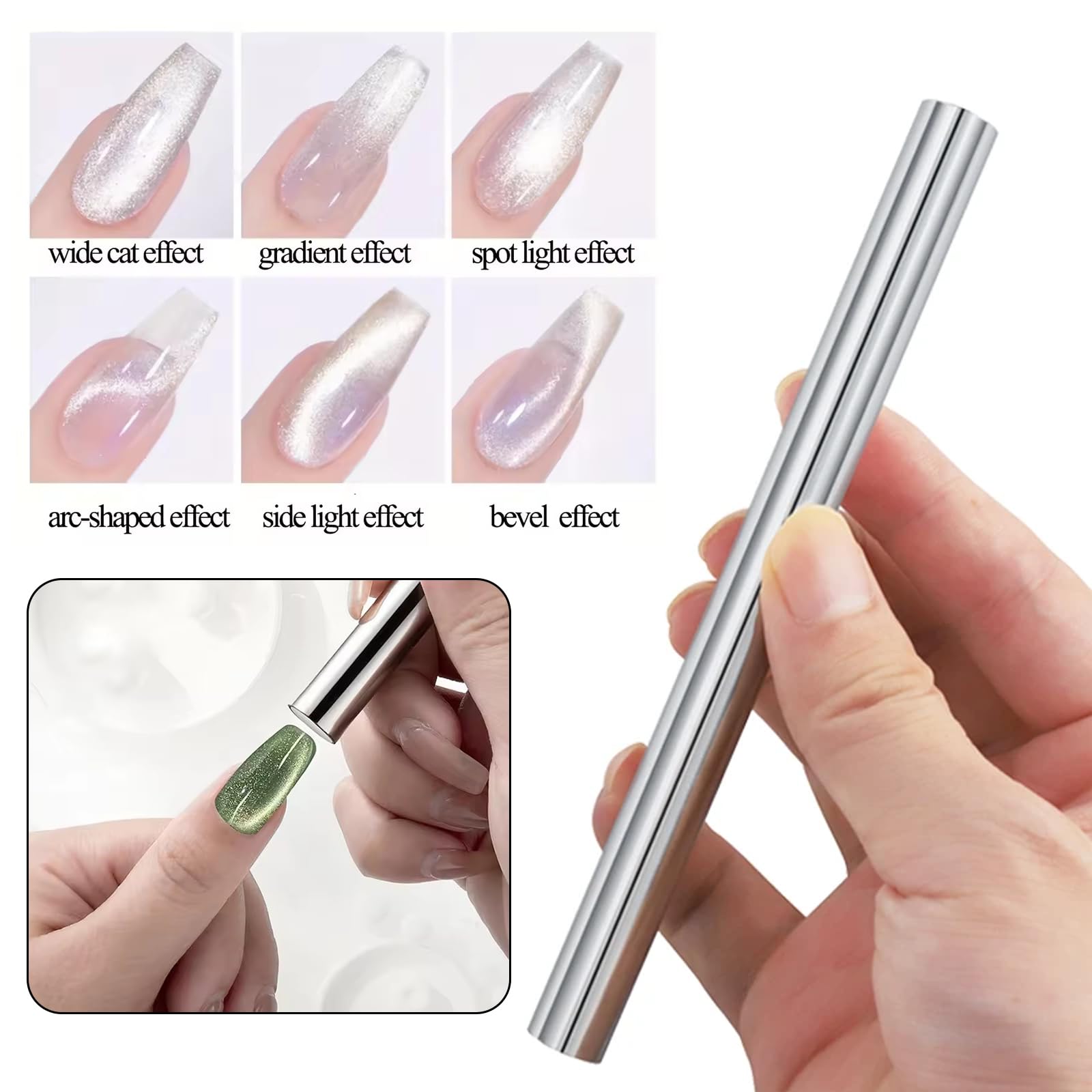 WOKOTO 2 PCS Cat Eye Magnets For Nails Set With 5 Pcs Iron Y-Shape Heart Cat Eye Designs Nail Magnet Tools, Big Double-Side Silver Cylinder Nail Magnets For Nail Art, Heart Magnet Tools For Nails