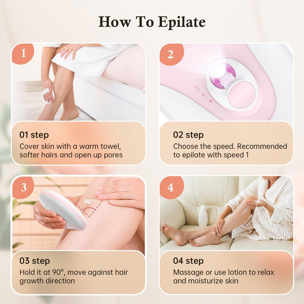Epilator, Epilators Hair Removal for Women - 2-Speed Epilator with 36 Tweezers & Massage Pad, Rechargeable LED Hair Removal Device for Face/Bikini/Arms/Legs/