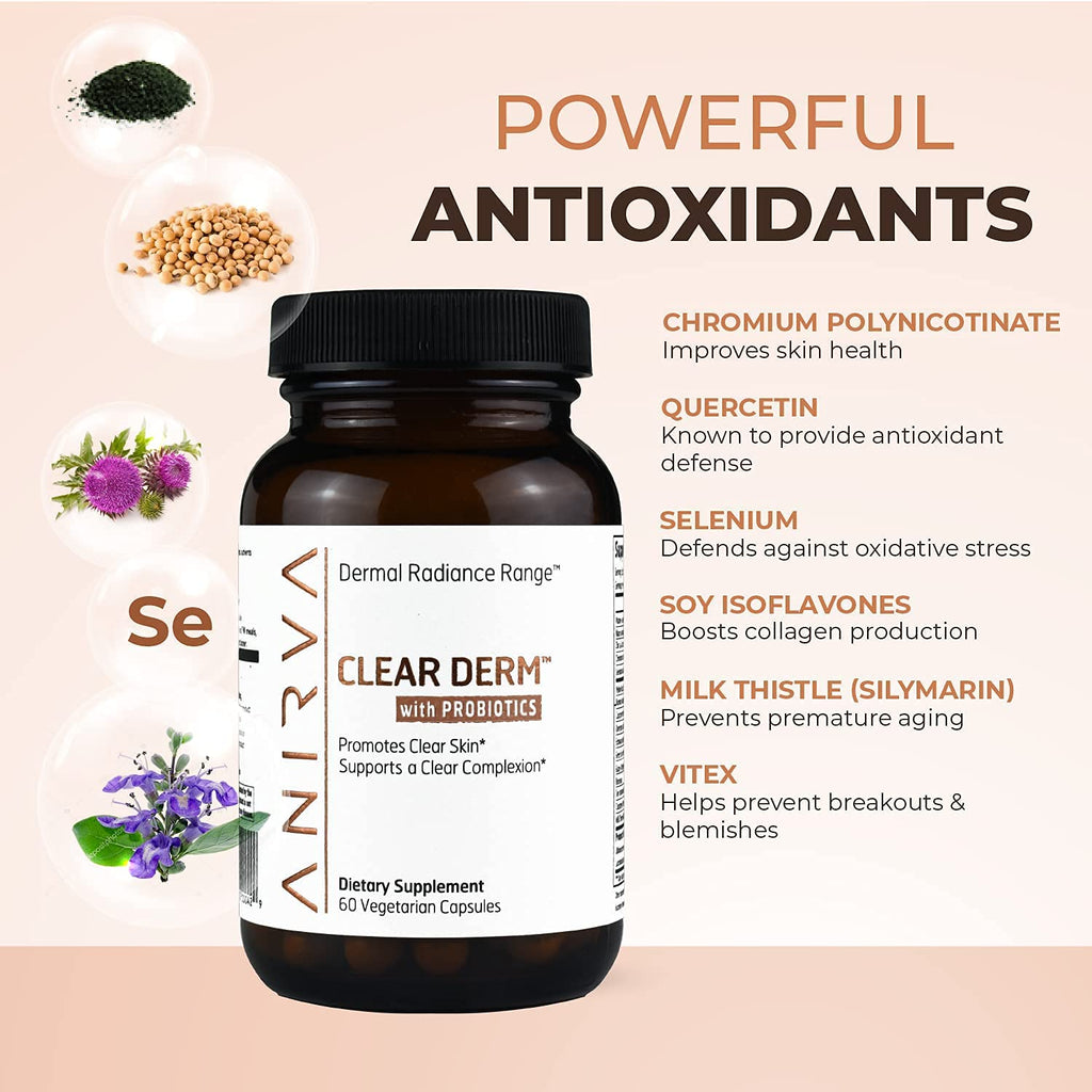 Clear Skin Supplement with Zinc & Probiotics for Adults – Supports Hormonal Acne, Breakouts & Rosacea – Acne Pills for Clearer Complexion – Anirva ClearDerm