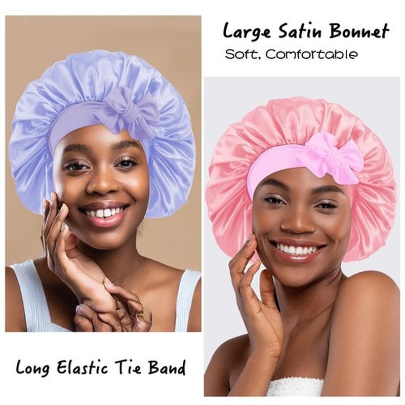 my novel things 3Pcs Satin Bonnet for Sleeping Women Large Adjustable Hair Bonnet with Tie Band Silky Sleep Cap with Ribbon for Women Natural & Curly Long Hair Anti Frizz, Soft Breathable(Pink/Purple)