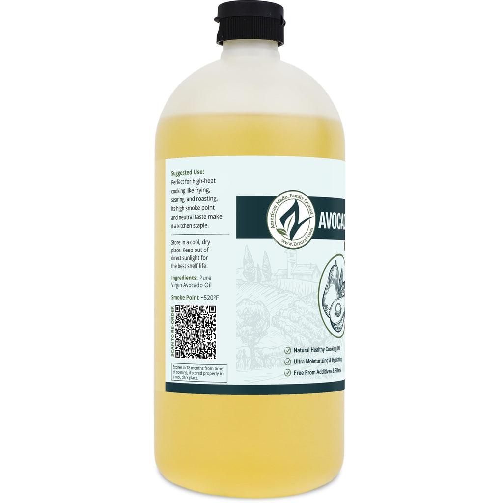 Zatural 100% Avocado Oil Pure Natural without Additives, Clean, Cold Pressed, Non-GMO, Vegan: For Cooking, Frying, Baking and for Sauces, Dressings, Marinades, Salads (32 Ounce)