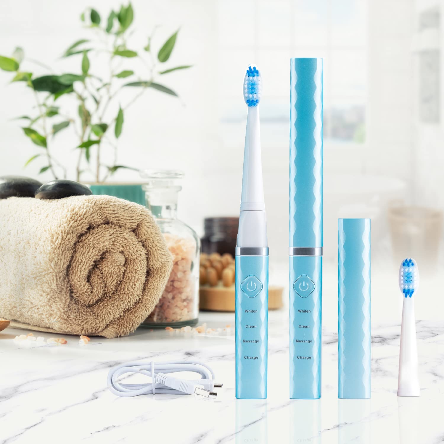 Pop Sonic USB Charge Anywhere Toothbrush (Hawaiian Blue) | Rechargeable Toothbrush w/Up to 40,000 Brush Strokes/Minute-Long-Lasting Nylon Bristles - Teens & Adult with Quadrant Pacer