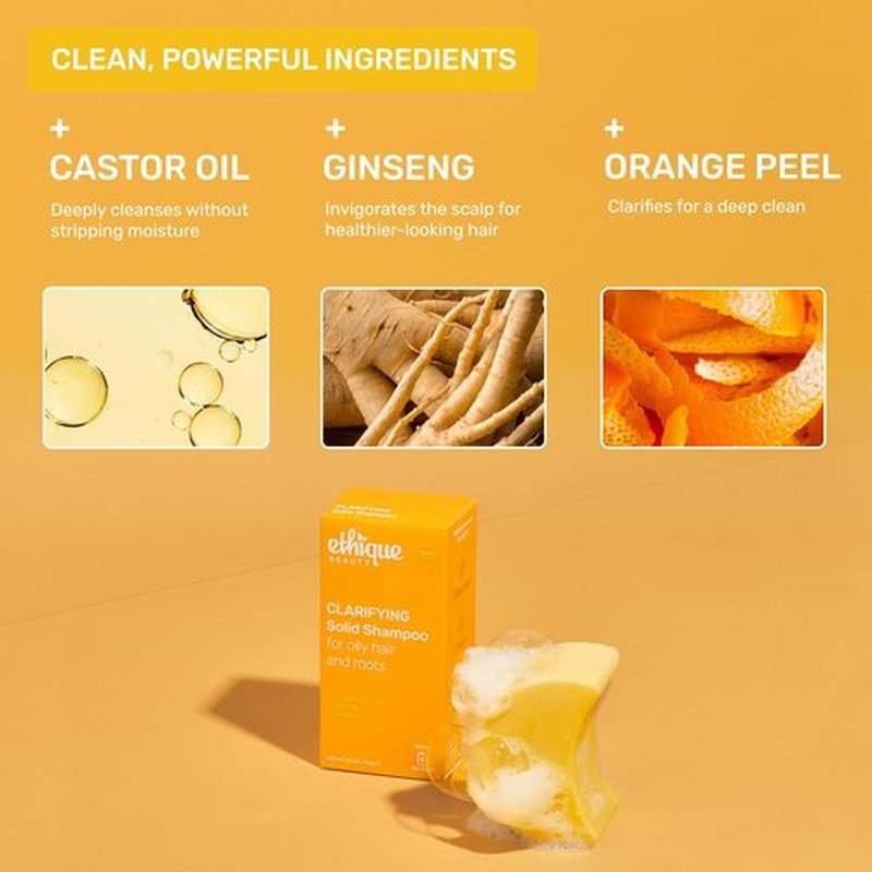 Ethique Clarifying Shampoo Bar - Oily Hair Solution with Castor Oil | Plastic-Free, Vegan, 3.88 oz