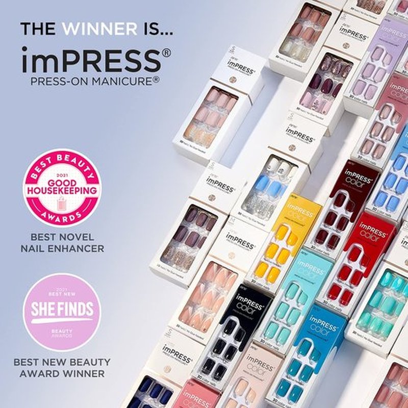 KISS imPRESS No Glue Mani Press On Nails, Design, 'Rain Check', Blue, Short Size, Squoval Shape, Includes 30 Nails, Prep Pad, Instructions Sheet, 1 Manicure Stick, 1 Mini File