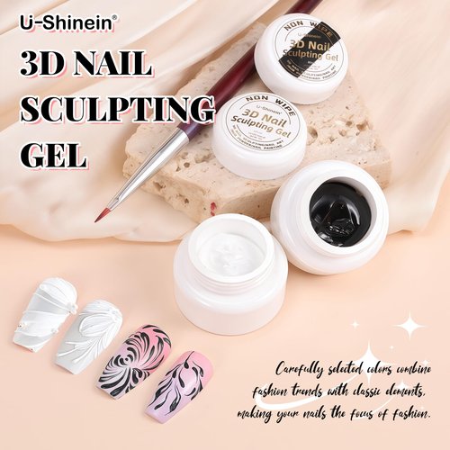 U-Shinein 2Pcs Nail Sculpting Gel,Non Wipe 3D Painting Nail Polish Gel with Nail Painting Pen for Art Carving Modeling,Rub Chrome Nail Powder,and Nail Painting UV/Led Manicure DIY, Black & White