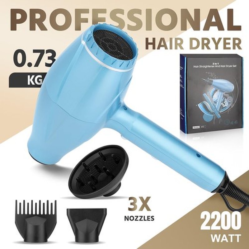 Flat Iron and Blow Bryer Set, 2200W AC Motor Fast Drying Low Noise Ionic Hair Dryer with Diffuser Nozzle Concentrator Comb for Women Curly Straight Hair, Titanium Hair Straightener and Curler 2 in1