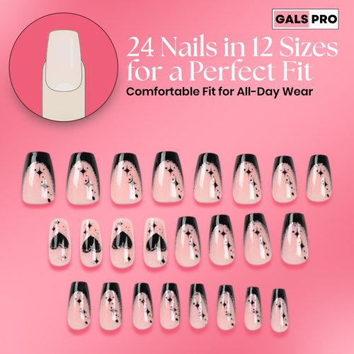 GALSPRO Short Press on Nails - Set of 24 Fake Nails with Designs in 12 Different Sizes for Perfect Fit, Cute False Nails Kit for Women with 0.07oz Nail Glue (NOIR CELESTIAL COFFIN SHAPE, Short)