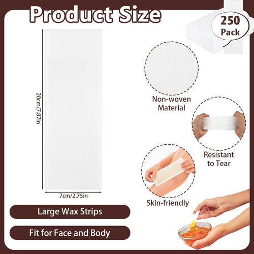 250 Pcs Large Non Woven Wax Strips for Hair Removal, 7.8''x 2.75'' Waxing Strips, Body and Facial Waxing Paper without Wax, Soft and Skin-friendly, for Face, Arms, Armpit, Chest, Back, Bikini, Leg