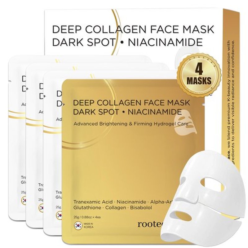 RootedGrace Deep Collagen Face Mask Overnight Hyrdrogel Korean Skincare - Dark Spot Corrector & Niacinamide - Hydrating Pore Minimizing Glass Skin Anti Aging | 0.88oz (25g) x 4ea