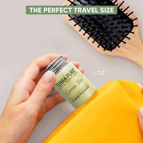 Travel Size Hotel Conditioner 20 Count 1 oz Bottles Guest Amenities for Hotels Vacation Rentals and Short Term Rentals Paraben Free Green Tea Scent Infused with Aloe and Olive Oil by Terra Pure