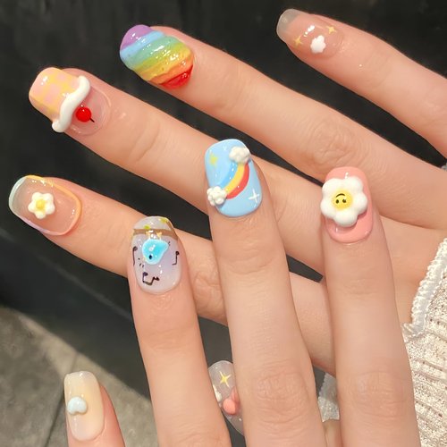 Cute 3D Handmade Press On Nails Short-Rainbow Short Press On Nails for Women and Girls-Colorful Square False Nails with Designs, 10Pcs