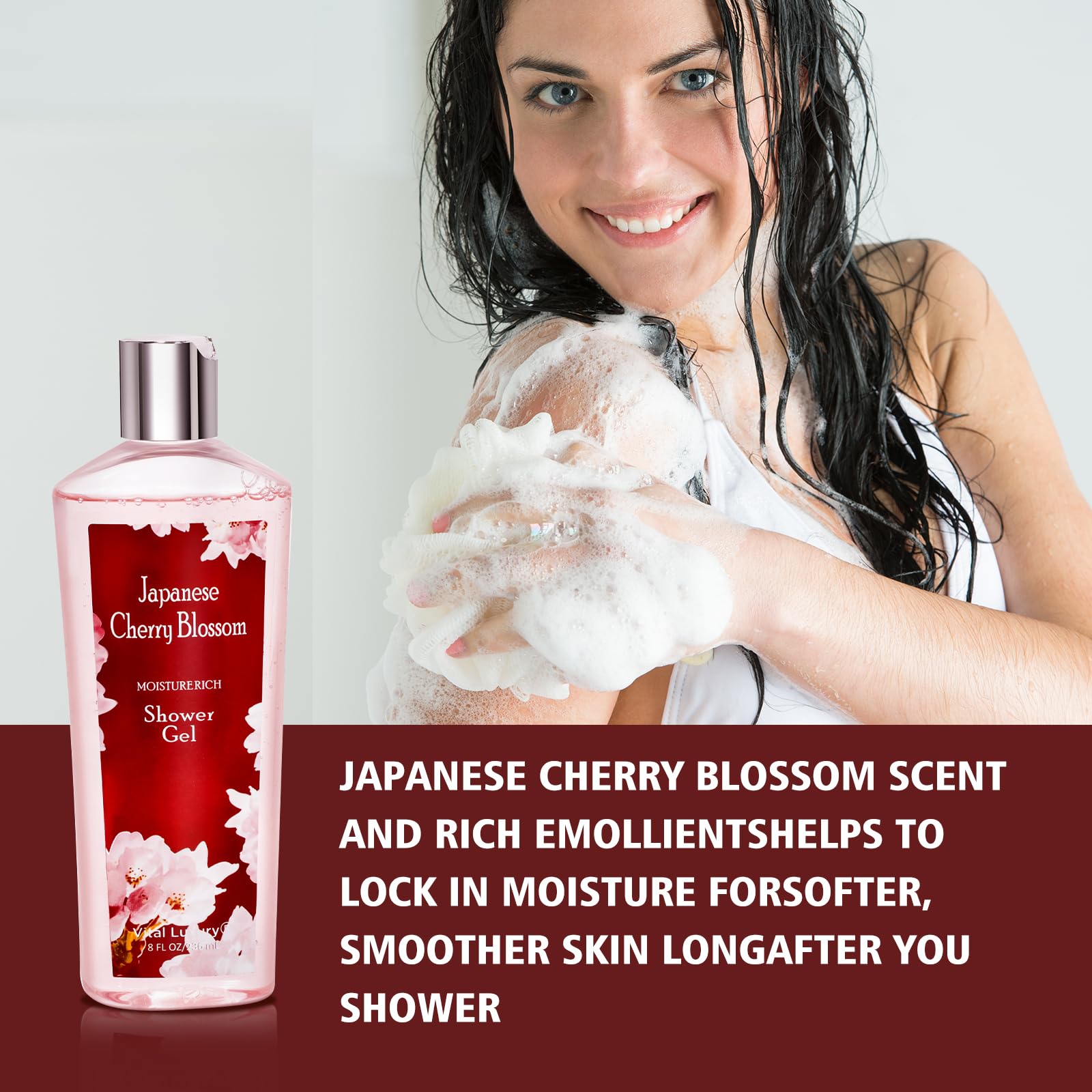 Vital Luxury Japanese Cherry Blossom Bath and Body Set Shower Gel and Body Cream - Nourishing and Moisturizing Daily Skincare - 8 fl.oz / 236mL Each, Birthday Anniversary Wedding Gifts for Her and Him