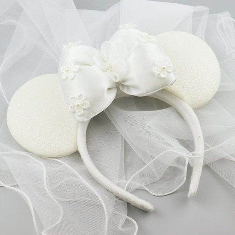 LIHELEI Bridal Veil Mouse Ear Headband, Minnie Headband for Honeymoon Wedding, Bachelorette Party Headpiece for Women Girls-White