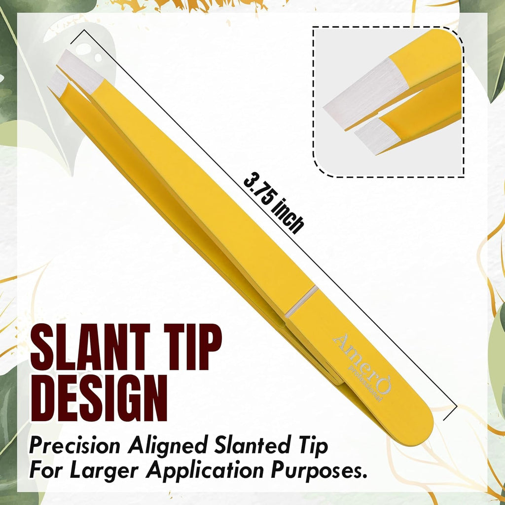 Professional Stainless Steel Eyebrow Tweezers for Women & Men – Precision Slant Tip Hair Removal Tool for Eyebrows, Facial Hair & Ingrown Hairs – Durable, Non-Slip Grip (Yellow)