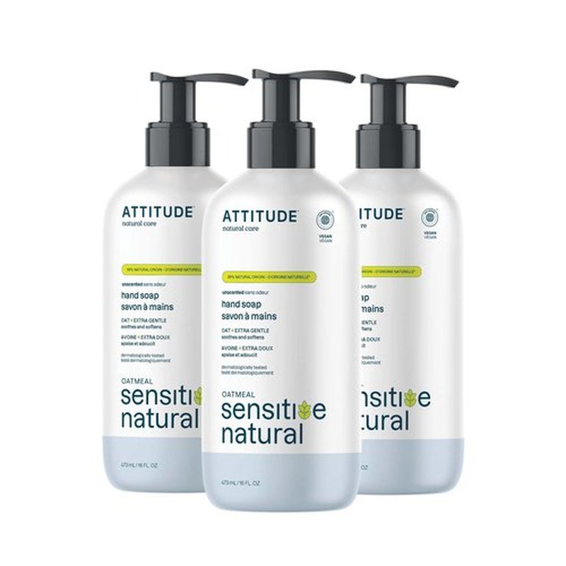 ATTITUDE Hand Soap for Sensitive Skin Enriched with Oat, EWG Verified, Dermatologically Tested, Vegan, Extra Gentle, Unscented, 16 Fl Oz (Pack of 3)