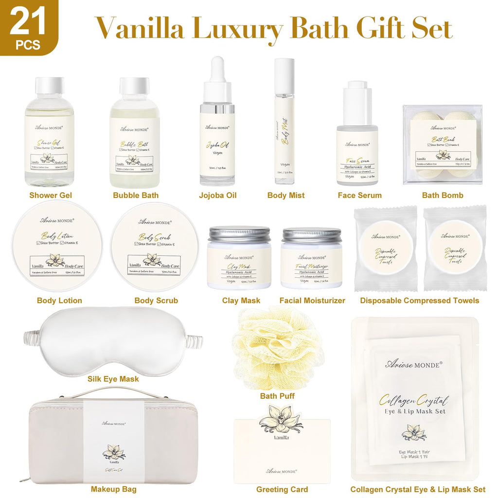 Birthday Gifts for Women, 21 Pcs Vanilla Spa Gift Set, Mothers Day Relaxing Bath and Body Self Care Package, Facial Skin Care Kit Gift Basket for Mom Wife Sister Friend Girlfriend Her