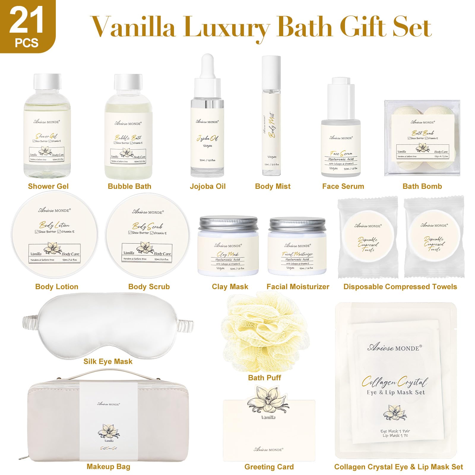Birthday Gifts for Women, 21 Pcs Vanilla Spa Gift Set, Mothers Day Relaxing Bath and Body Self Care Package, Facial Skin Care Kit Gift Basket for Mom Wife Sister Friend Girlfriend Her