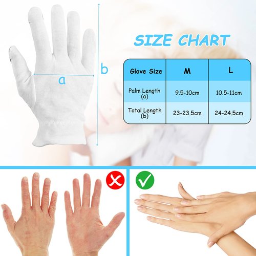 100% Cotton Moisturizing Gloves 4 Pairs, Touch Screen Friendly Cotton Gloves with Wristband and Washing Bag for Overnight Bedtime Eczema Dry Sensitive Irritated Skin Spa Therapy, Medium