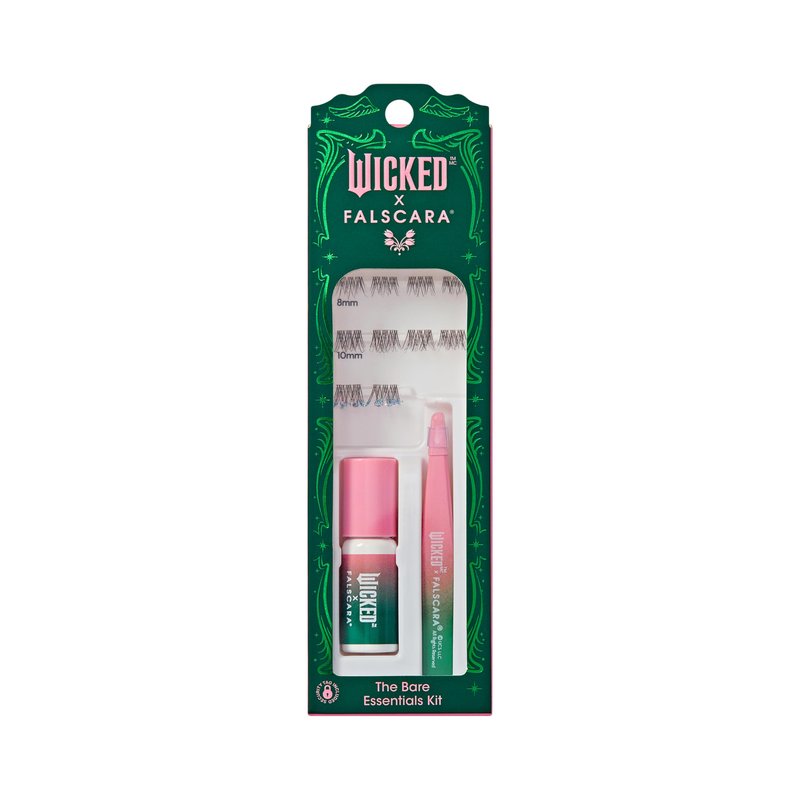 WICKED X FALSCARA False Eyelashes, Lash Extension Kit, ‘Shimmering Shine’, 10 Lash Clusters, 8mm-10mm, Natural Volume, Blue Glitter, Mini Bond, Green & Pink Mini Applicator