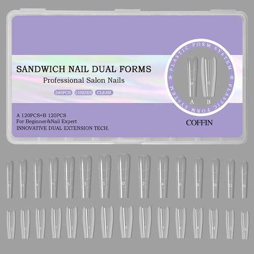 Sandwich Dual Nails Forms, Long Coffin 240Pcs Double-Layer Nail Mold Set, 15 Sizes Top and Bottom Molds Plastic Forms for Builder Gel Nail Extensions, Salon Nail Art Tools At Home