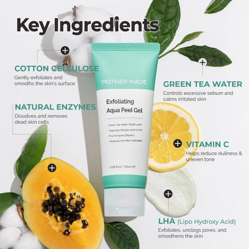 MOTHER MADE LHA Green Tea Exfoliating Aqua Peel Gel, Deep Pore Face Exfoliant, Gentle Facial Exfoliator, Dead Skin Remover, Natural Cellulose for Peeling, Vegan, Korean Skincare (100ml / 3.38 fl.oz)