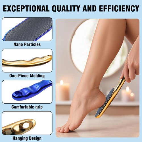 2 Pcs Veinsgrain Foot File, Nano Glass Foot File Hard Skin Remover with Non-Slip Ergonomic Handle, Professional Foot Care Tools for Smooth Feet(Gold+Blue)