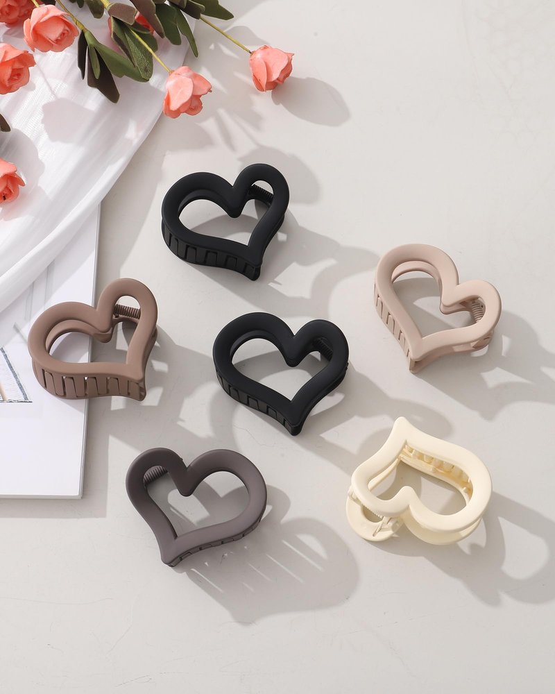 Ufgin 6 Pcs Valentine's Day Heart Hair Claw Clips for Women-Medium Matte Nonslip Hair Heart Clips for Thin Thick Hair Cute Claw Hairpins for Women and Girls(Brown)