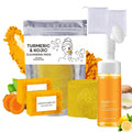 Turmeric Wash and Care Three Piece Set, Tuemeric Facial Cleanser With Brush, Turmeric Face Scrub Pads, Turmeric Soap Bar, Soap Foaming Net, Deep Cleansing Set for for Face and Body