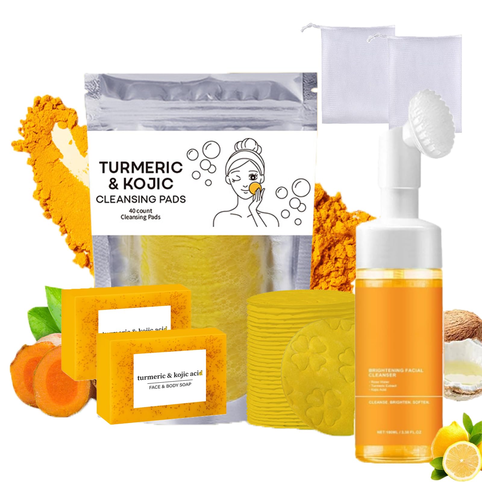 Turmeric Wash and Care Three Piece Set, Tuemeric Facial Cleanser With Brush, Turmeric Face Scrub Pads, Turmeric Soap Bar, Soap Foaming Net, Deep Cleansing Set for for Face and Body